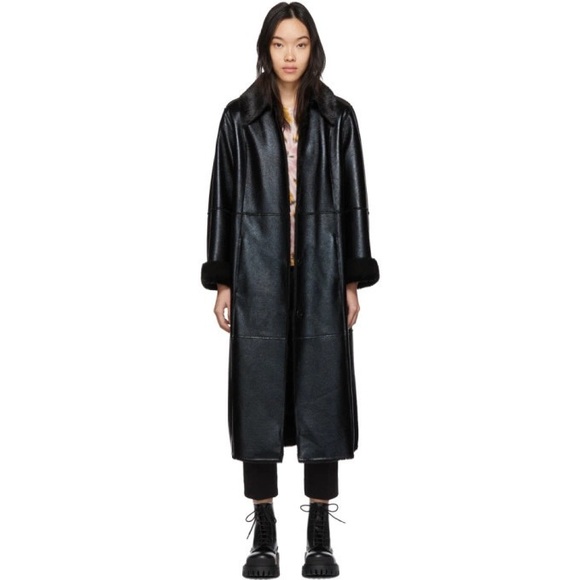 ANTHROPOLOGIE STAND STUDIO Nino Black Faux Leather Fur Lined Snap Front Coat - Picture 1 of 16